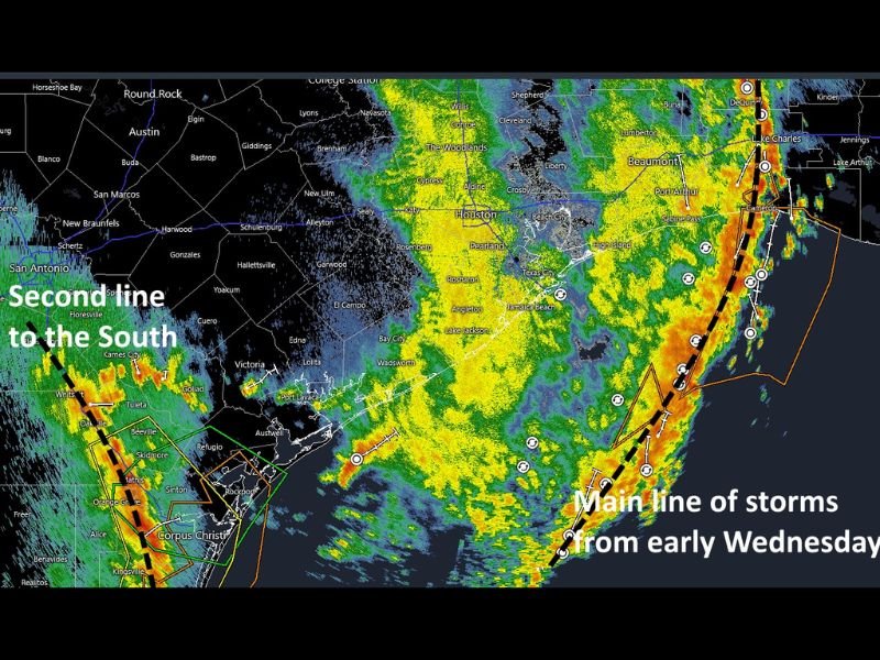 Bowing Storm Line Moving Through Houston and Southeast Texas Including Beaumont and Corpus Christi Early Wednesday With Second Line to the South and Warmer Weekend Ahead