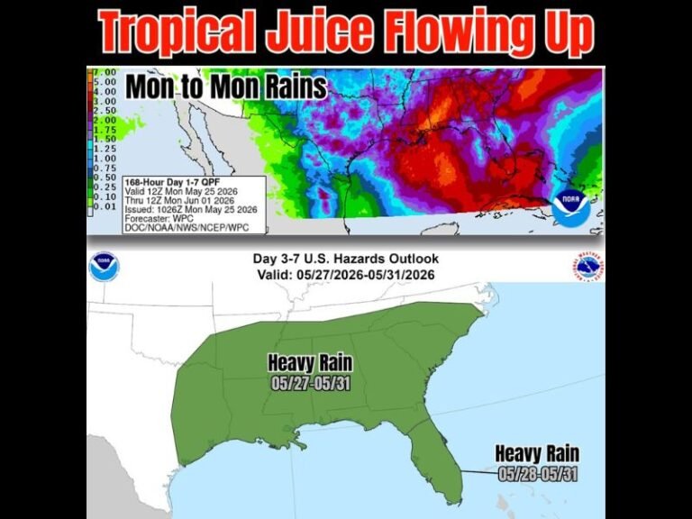 Caribbean Tropical Moisture Fueling Heavy Rain Hazard Outlook Across the Entire South and Southeast With Widespread Heavy Rain Risk Valid May 27 Through May 31