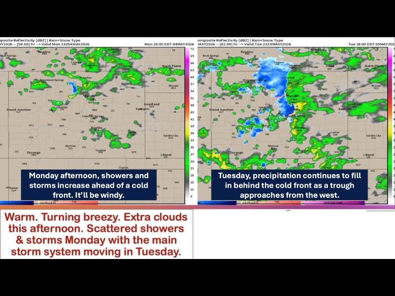 Cold Front, Mountain Snow, Gusts Over 50mph and Rain Targeting Colorado Including Denver, Cheyenne, and Colorado Springs Monday Night Into Tuesday With Much Colder Air Behind
