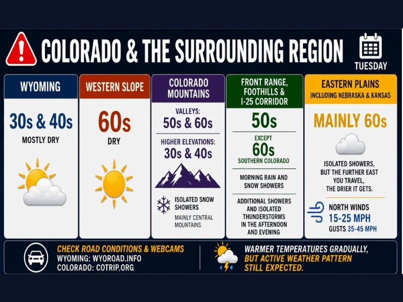 Cold Temps Snow Showers and Gusty Winds Across Colorado Wyoming and Plains Including Denver Front Range and Eastern Nebraska With Active Pattern Continuing Through the Week