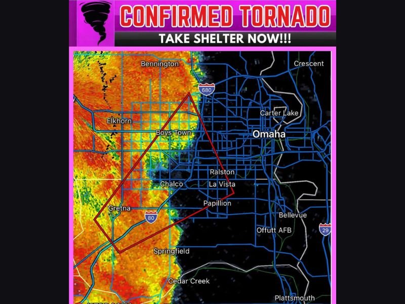 Confirmed Tornado Near Gretna Moving Northeast at 30mph Threatening Western Omaha Including Elkhorn Boys Town Chalco and Papillion Take Shelter Now