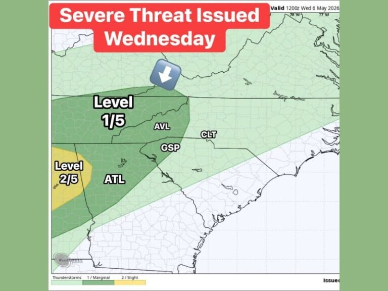 Damaging Storms and 1 Inch Plus Rain Targeting Atlanta, Asheville, Greenville and Charlotte Wednesday Night After Midnight Under Level 2 and Level 1 Severe Risk With Weekend Rain Chances Lingering