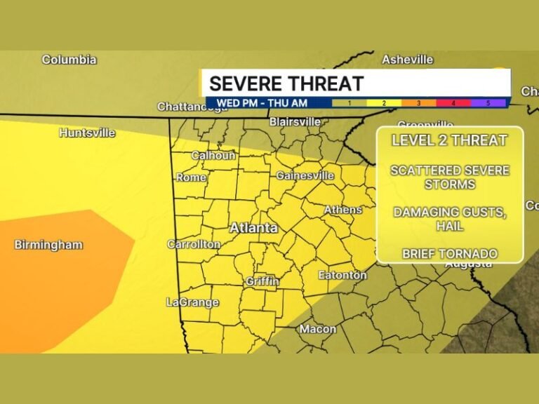 Damaging Wind Gusts, Hail, Tornado and 1 to 4 Inches of Rain Targeting Georgia Including Atlanta, Rome and Gainesville Wednesday Afternoon Through Thursday Morning Under Level 2 Threat