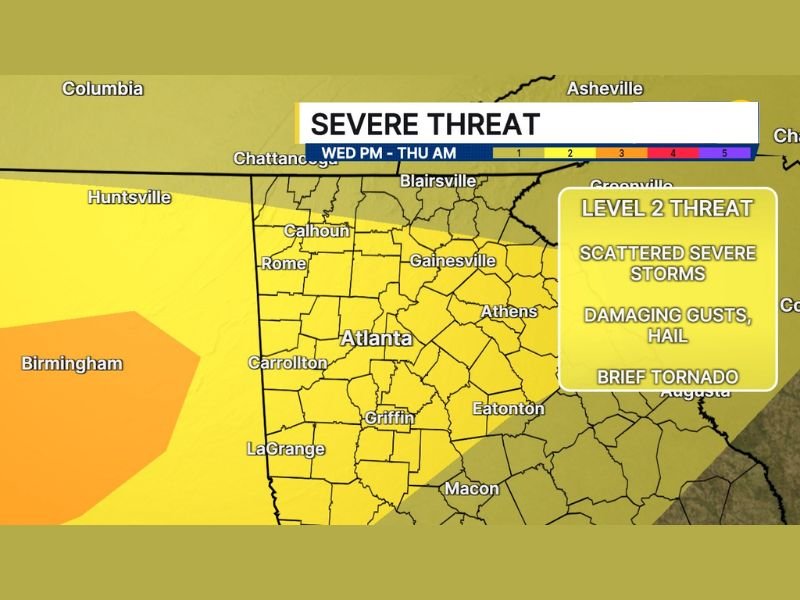 Damaging Wind Gusts, Hail, Tornado and 1 to 4 Inches of Rain Targeting Georgia Including Atlanta, Rome and Gainesville Wednesday Afternoon Through Thursday Morning Under Level 2 Threat