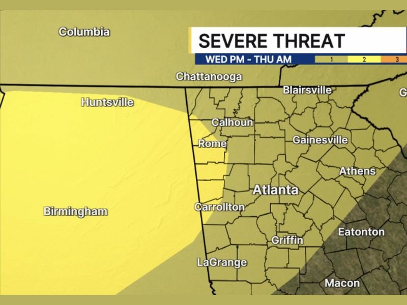 Damaging Wind Gusts, Large Hail and Urban Flash Flooding Targeting West and Northwest Georgia Including Atlanta, Rome and Gainesville Wednesday Night Into Thursday Morning