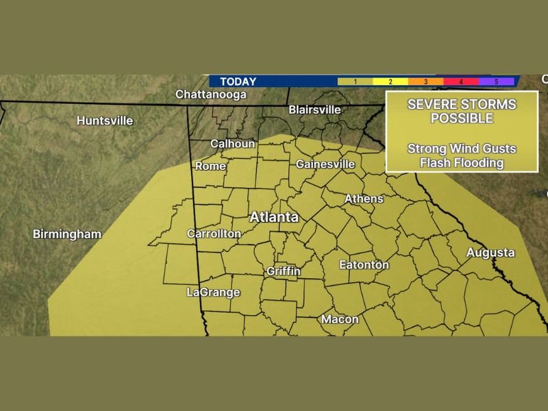 Damaging Wind Gusts and Flash Flooding Targeting North and Central Georgia Including Atlanta, Gainesville, and Rome With Threat Increasing This Afternoon and Evening