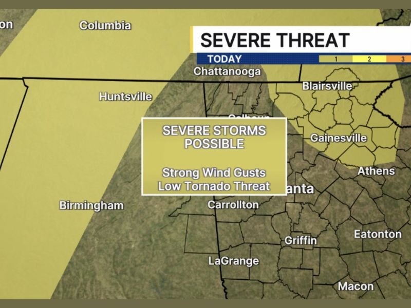 Damaging Wind Gusts and Low Tornado Threat Targeting North Georgia and NW Georgia Including Atlanta, Gainesville, and Chattanooga Area Through Friday Evening