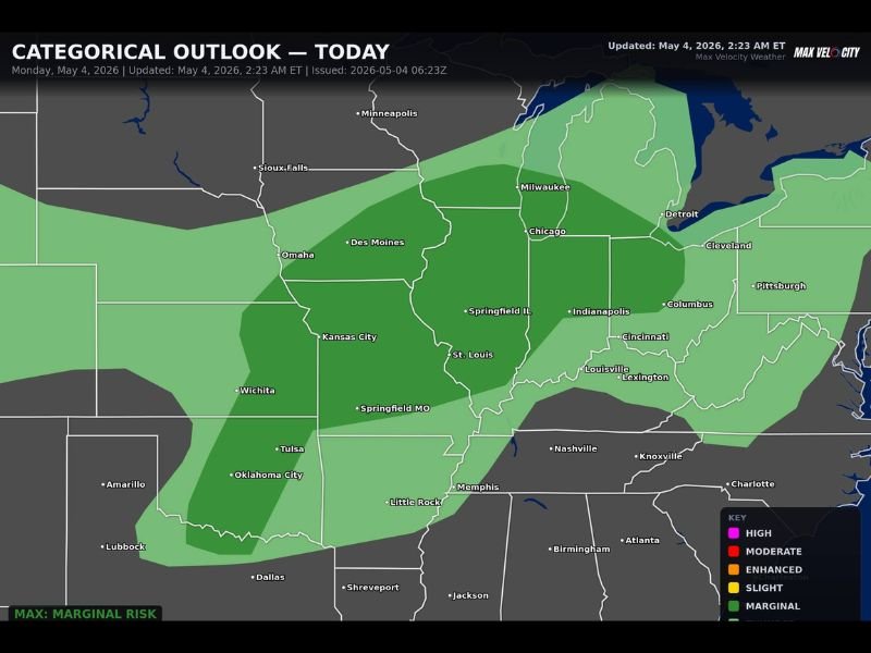 Damaging Winds, Hail and Brief Tornado Possible Across Midwest and Southern Plains Including Chicago, Kansas City, St. Louis and Oklahoma City Monday Afternoon Into Evening