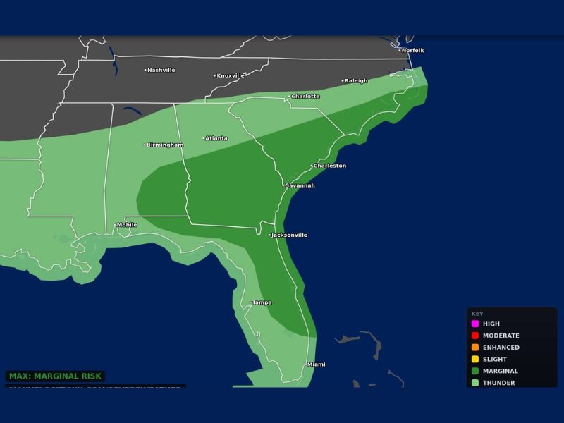 Damaging Winds, Hail and Isolated Tornado Possible From Gulf Coast Through the Carolinas Including Atlanta, Savannah and Charlotte Monday May 11 Under Marginal Risk Outlook