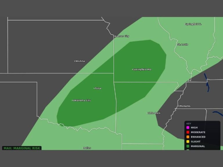 Damaging Winds, Large Hail and Brief Tornado Possible Across Oklahoma and Missouri Including Oklahoma City, Tulsa and Springfield Friday May 8 Under Marginal Risk Outlook