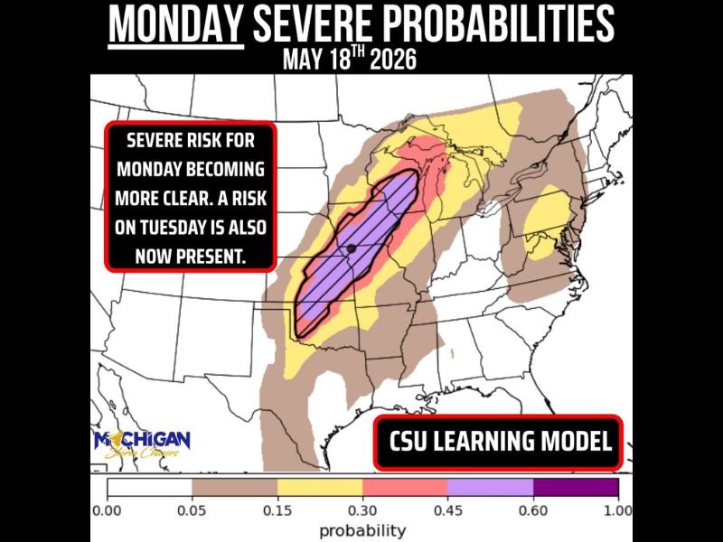 Damaging Winds Large Hail and Tornado Threat Targeting Upper Peninsula and Western Lower Michigan With Severe Risk Extending Into Tuesday May 18