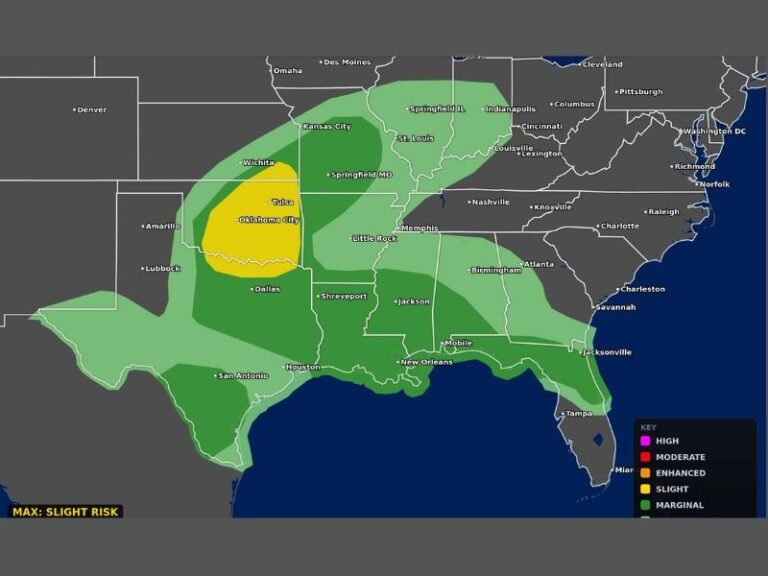 Damaging Winds Very Large Hail and Isolated Tornado Risk Targets Oklahoma Texas Arkansas Louisiana Missouri Illinois and Gulf Coast Today