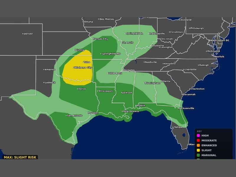Damaging Winds Very Large Hail and Isolated Tornado Risk Targets Oklahoma Texas Arkansas Louisiana Missouri Illinois and Gulf Coast Today