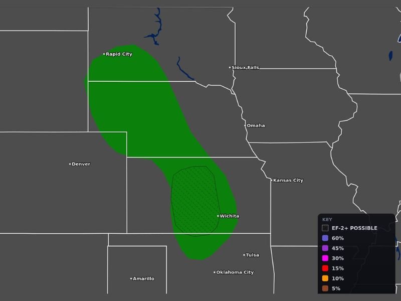 EF-2 Plus Tornado Risk Outlined Across Central Kansas and Nebraska Including Wichita and Rapid City Corridor With Tornado Probabilities Reaching Into the Green Zone Saturday