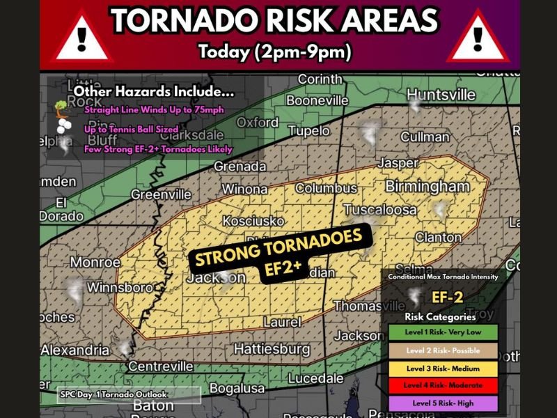 EF-2 Plus Tornadoes, Tennis Ball Hail and 75mph Winds Targeting Alabama, Mississippi and Louisiana Including Jackson, Tuscaloosa and Birmingham Today 2PM to 9PM