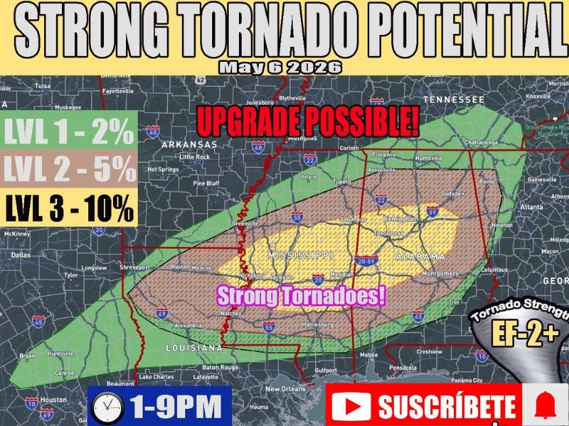EF-2 Plus Tornadoes and Supercells Targeting Mississippi and Alabama Including Jackson, Meridian and Tuscaloosa Wednesday 1PM to 9PM With Level 4 Upgrade Possible