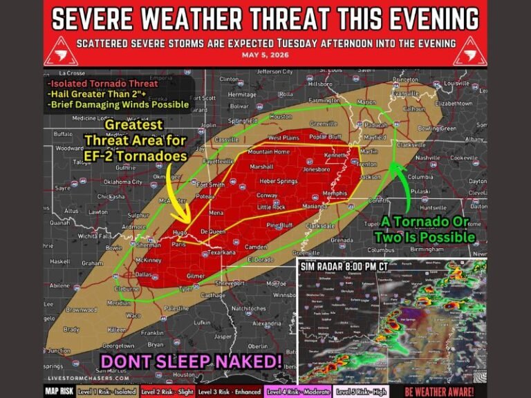 EF-2 Tornado Threat, 2 Inch Plus Hail and Damaging Winds Targeting Arkansas, Northeast Texas and Western Tennessee Including Little Rock, Fort Smith and Memphis Tuesday Afternoon Into Tonight