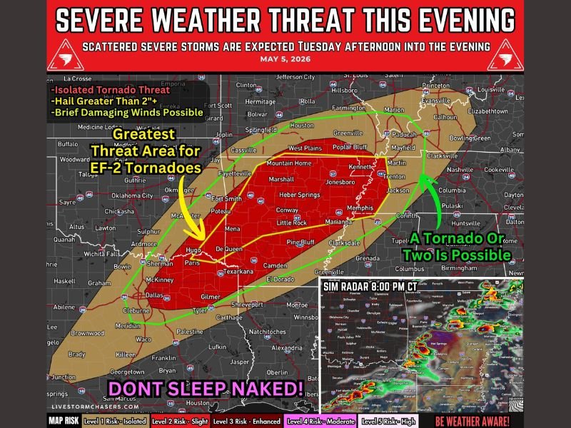 EF-2 Tornado Threat, 2 Inch Plus Hail and Damaging Winds Targeting Arkansas, Northeast Texas and Western Tennessee Including Little Rock, Fort Smith and Memphis Tuesday Afternoon Into Tonight