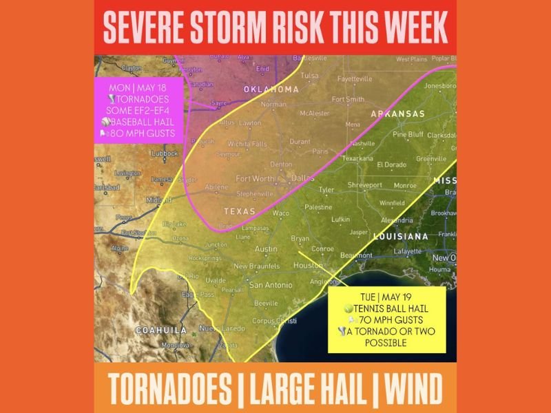 EF2 to EF4 Tornadoes Baseball Hail and 80mph Gusts Targeting Oklahoma and Texas Including Oklahoma City Fort Worth Dallas and Wichita Falls Monday With Tennis Ball Hail Tuesday