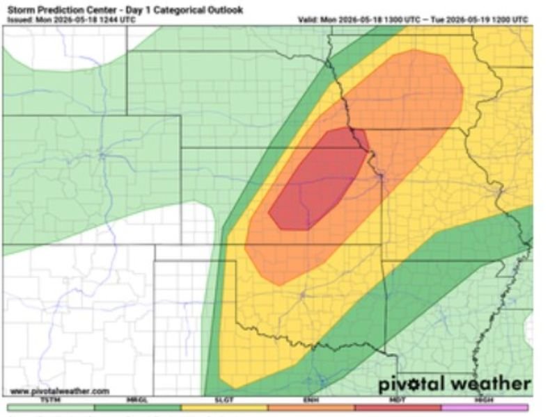 EF4 Tornado Threat and Softball Size Hail Confirmed Across Moderate Risk Zone Covering Iowa Illinois and Missouri With SPC Day 1 Outlook Issued Monday May 18