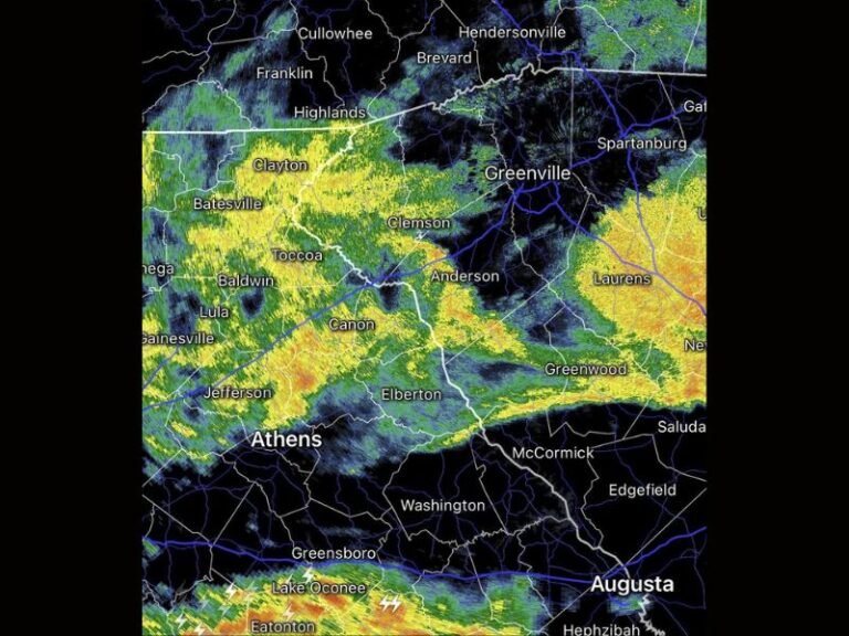 Final Push of Heavy Rain Clearing Georgia and Upstate South Carolina Including Athens, Greenville and Augusta Thursday Morning With Sun Returning and Drying Out by Afternoon