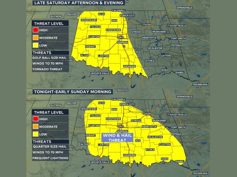 Golf Ball Hail, 70mph Winds and Tornado Threat Firing Across Western Oklahoma Including OKC, Lawton and Norman Late Saturday Afternoon Into Evening With More Storms Redeveloping Overnight