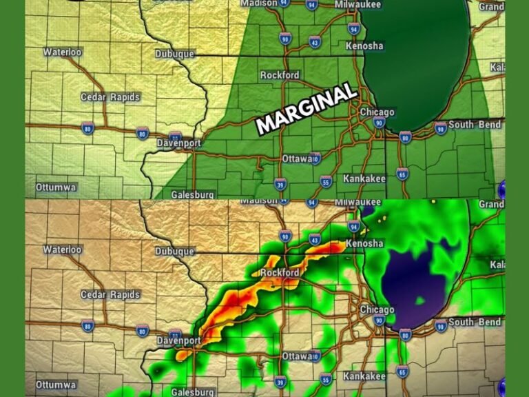 Gusty Winds and Large Hail Possible Across Illinois and Wisconsin Including Rockford Chicago Kenosha and Madison Under Marginal Risk This Afternoon Between 1PM and 5PM