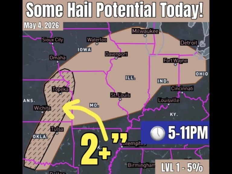 Hail Up to 2 Inches Plus Targeting Kansas and Oklahoma Including Wichita, Topeka and Tulsa With Pocket Change Hail Across Iowa, Illinois and Indiana Monday Evening 5PM to 11PM