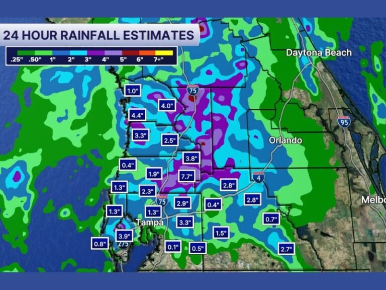 Heavy 24-Hour Rainfall Totals Up to 7 Inches Concentrated Along the I-4 Corridor and North With Southern Areas From St Pete Through Sarasota Still Awaiting Heaviest Rain Sunday