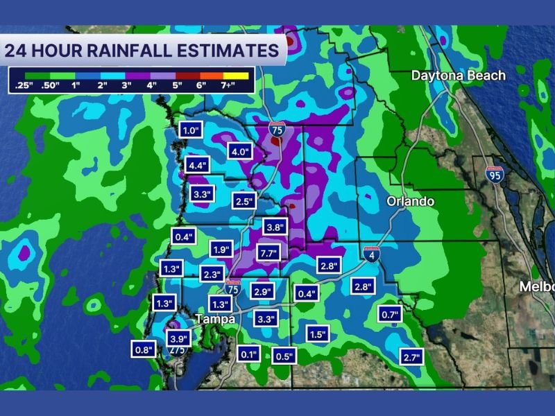 Heavy 24-Hour Rainfall Totals Up to 7 Inches Concentrated Along the I-4 Corridor and North With Southern Areas From St Pete Through Sarasota Still Awaiting Heaviest Rain Sunday