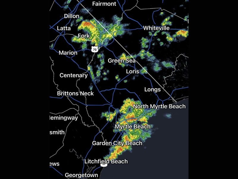 Heavy Downpours Hitting Horry County and the Grand Strand Including Myrtle Beach and North Myrtle Beach With Storm Chances Shifting West Toward Pee Dee and Border Belt by Early Afternoon Sunday