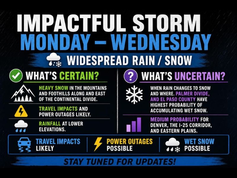 Heavy Mountain Snow, Travel Impacts and Power Outages Targeting Colorado Including Denver, Palmer Divide and El Paso County Monday Through Wednesday With Rain to Snow Changeover Likely