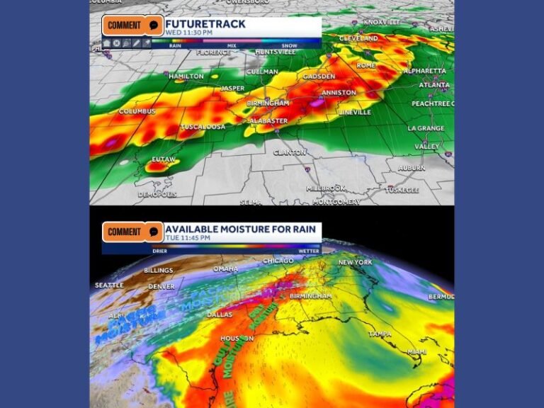 Heavy Rain 3 to 5 Inches, Damaging Winds, Hail and Tornado Threat Targeting Alabama Including Birmingham, Tuscaloosa and Huntsville Wednesday With Localized Flooding Likely