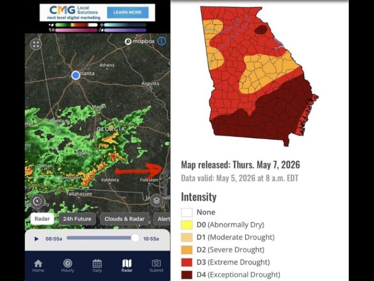 Heavy Rain Moving Toward Active Wildfires Across South Georgia as Exceptional Drought Grips the Region With Pineland Road Fire at 32575 Acres and Highway 82 Fire at 22420 Acres