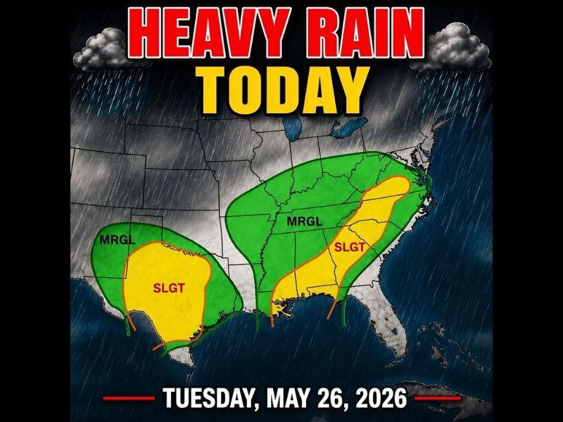 Heavy Rain Threat Across Two Separate Zones Targeting the Gulf Coast, Southeast, and South Texas With Slight to Marginal Risk Areas Active From the Carolinas Through Texas