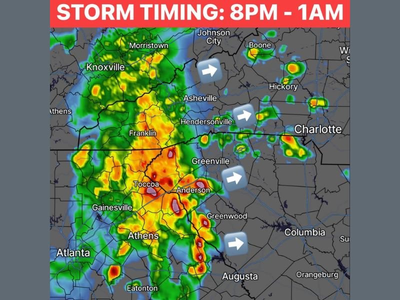 Heavy Rain, Thunder, and Lightning Main Event Targeting North Georgia and Western Carolinas Including Atlanta, Asheville, and Greenville With Peak Storm Sunday Night