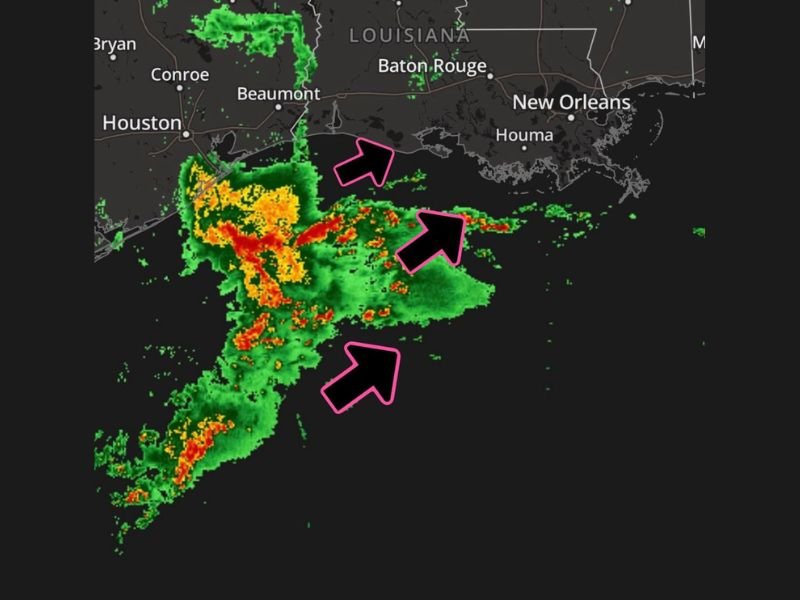Heavy Rain and Loud Thunder Moving ENE Along Gulf Coast Targeting Louisiana Including Baton Rouge New Orleans and Houma With High Moisture and No Atmospheric Stability in Place