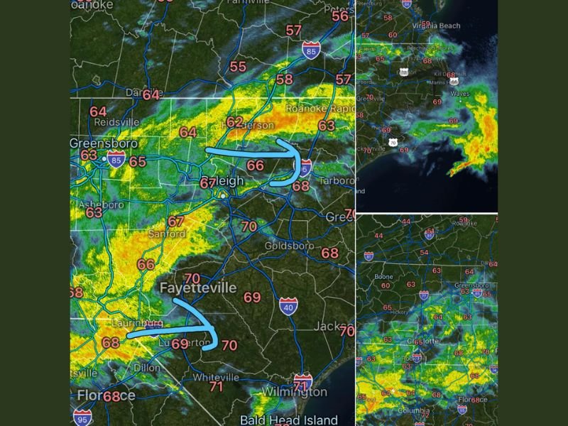 Heavy Rain and Thunderstorms Causing Localized Flooding Across Central and Eastern North Carolina Including Raleigh, Fayetteville and Goldsboro Thursday Morning With Rain Lighter in Mountains