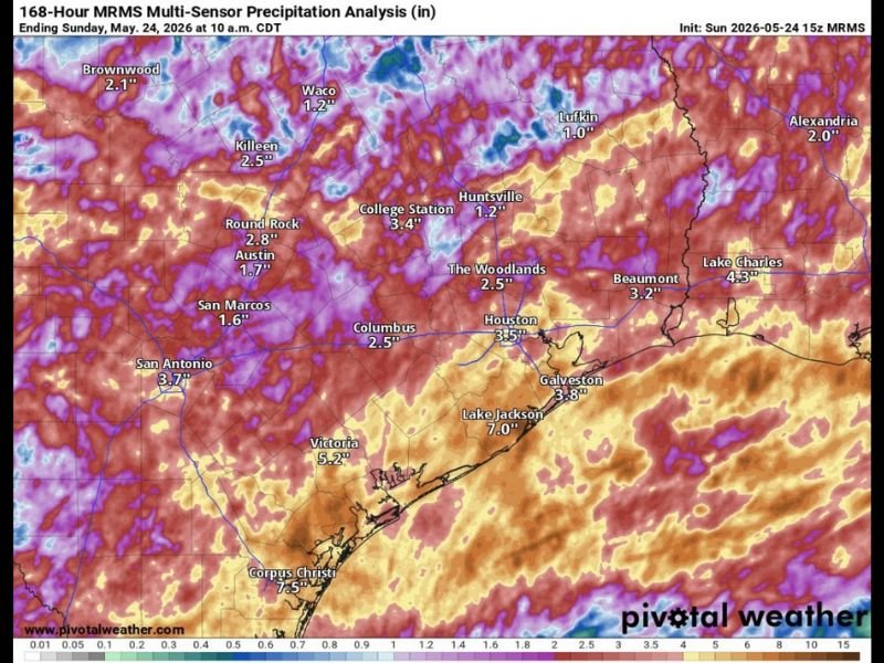 Heavy Rainfall Returning to Houston and South Texas Including Corpus Christi, Lake Jackson, and Victoria During Wednesday Morning Commute After 168-Hour Totals