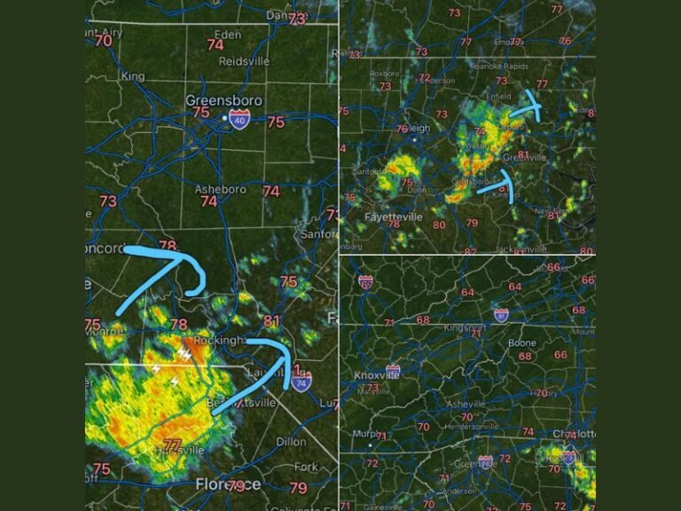 Hit or Miss Heavy Downpours and Lightning Active Across the Carolinas and Tennessee Including Rockingham, Greenville, Goldsboro, and Knoxville With Feast or Famine Rainfall Pattern Monday