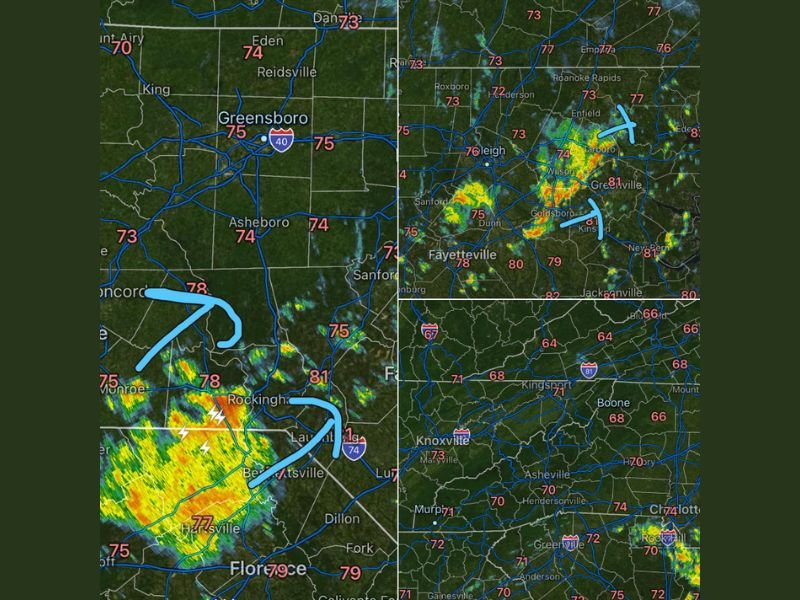 Hit or Miss Heavy Downpours and Lightning Active Across the Carolinas and Tennessee Including Rockingham, Greenville, Goldsboro, and Knoxville With Feast or Famine Rainfall Pattern Monday
