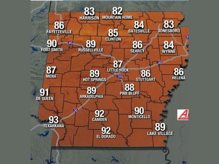Hot Humid Saturday With Nasty Heat Index and Rowdy Afternoon Storms Possible Across Arkansas Including Little Rock, Fort Smith, and Texarkana With Highs From Mid 80s to Low 90s