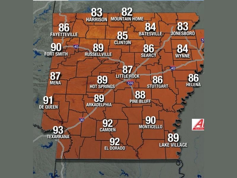 Hot Humid Saturday With Nasty Heat Index and Rowdy Afternoon Storms Possible Across Arkansas Including Little Rock, Fort Smith, and Texarkana With Highs From Mid 80s to Low 90s