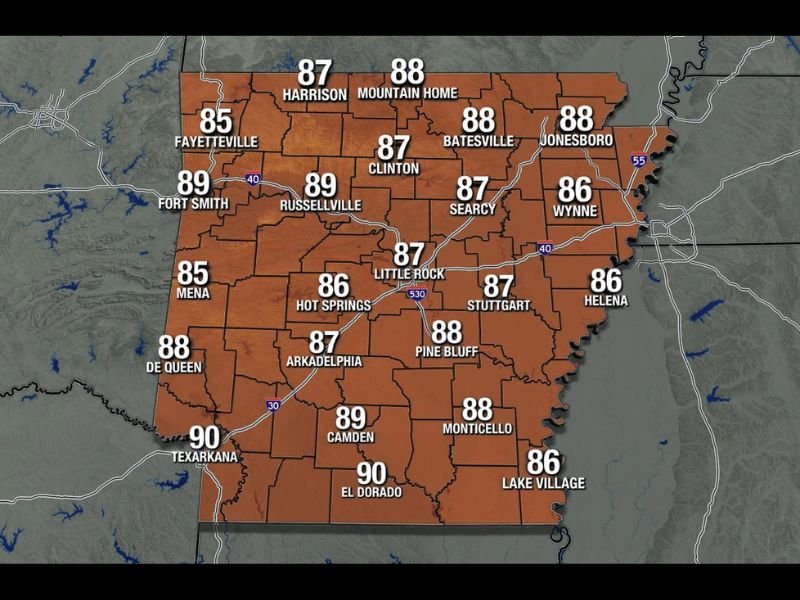 Hot and Humid Saturday Across Arkansas Including Fort Smith Little Rock Texarkana and El Dorado With Temperatures Reaching the Upper 80s and Low 90s and Spotty Shower Chances