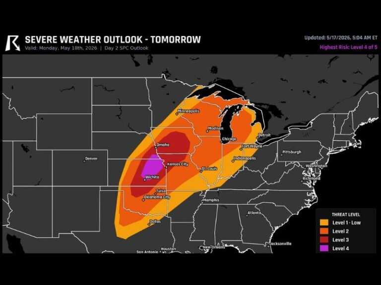 Intense Tornadoes and Giant Hail Likely Across Central Plains Including Wichita Kansas City Omaha Chicago and Minneapolis With Rare Level 4 Risk Issued for Monday May 18
