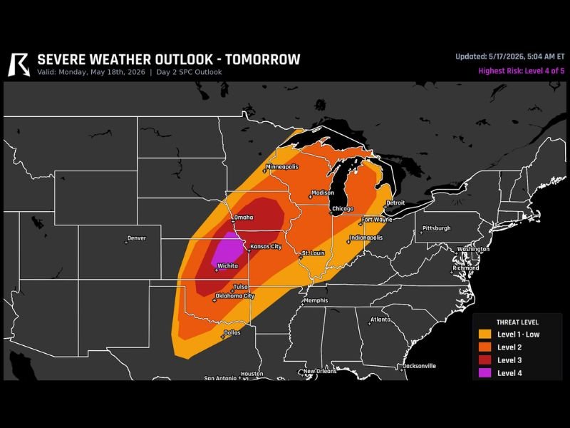 Intense Tornadoes and Giant Hail Likely Across Central Plains Including Wichita Kansas City Omaha Chicago and Minneapolis With Rare Level 4 Risk Issued for Monday May 18