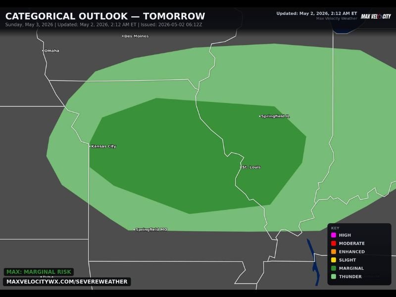 Isolated Supercells With Large Hail and Damaging Winds Possible Across Kansas City, St. Louis and Springfield Illinois Sunday Under Marginal Risk Outlook