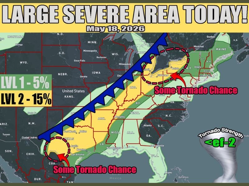 Large Cold Front Bringing Damaging Straight Line Winds Large Hail and Tornado Chances From Texas Through Great Lakes Including Dallas Chicago Cleveland and Buffalo Tuesday