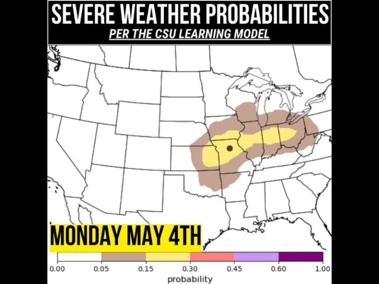 Large Hail, Damaging Winds and TBD Tornado Risk Return to Central and Northern Indiana Monday May 4 Under Marginal Risk With 15 Percent Severe Probability Corridor