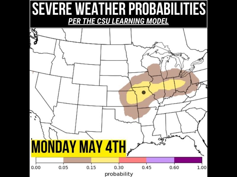 Large Hail, Damaging Winds and TBD Tornado Risk Return to Central and Northern Indiana Monday May 4 Under Marginal Risk With 15 Percent Severe Probability Corridor